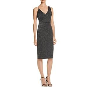 AQUA Sparkly Metallic Sleeveless V-Neck Midi Sheath Cocktail Dress Black Size 0